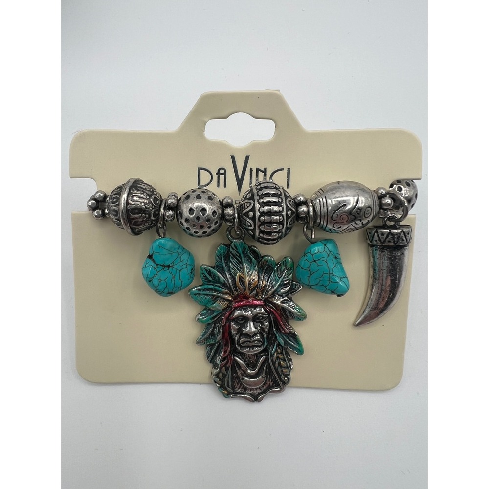 DaVinci Southwestern Boho Turquoise Charm Bracelet Silver Tone Rodeo Headdress